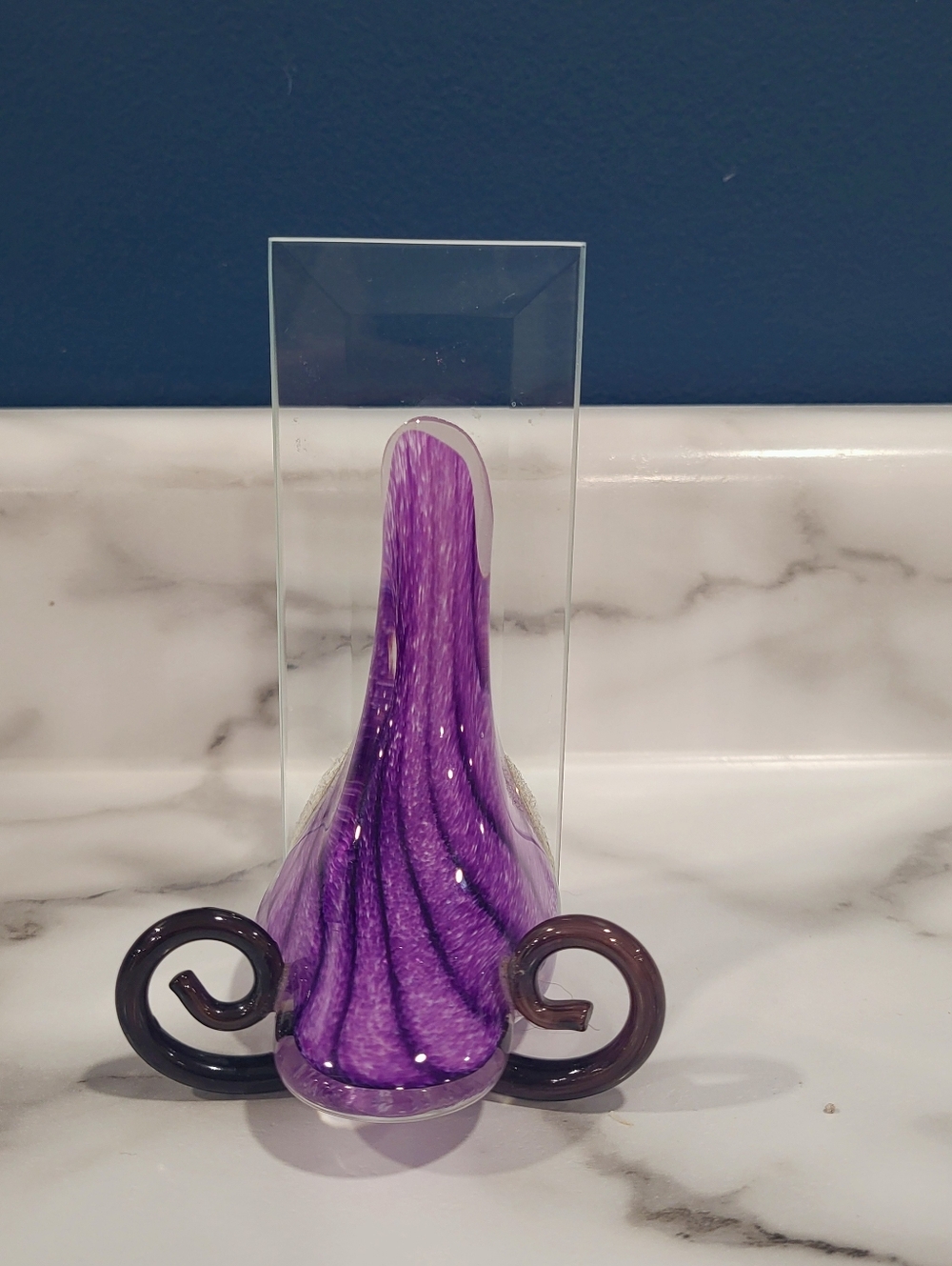Purple Swirl Art Glass Bookend Letter Holder Abstract Face Nose Mustache Decor